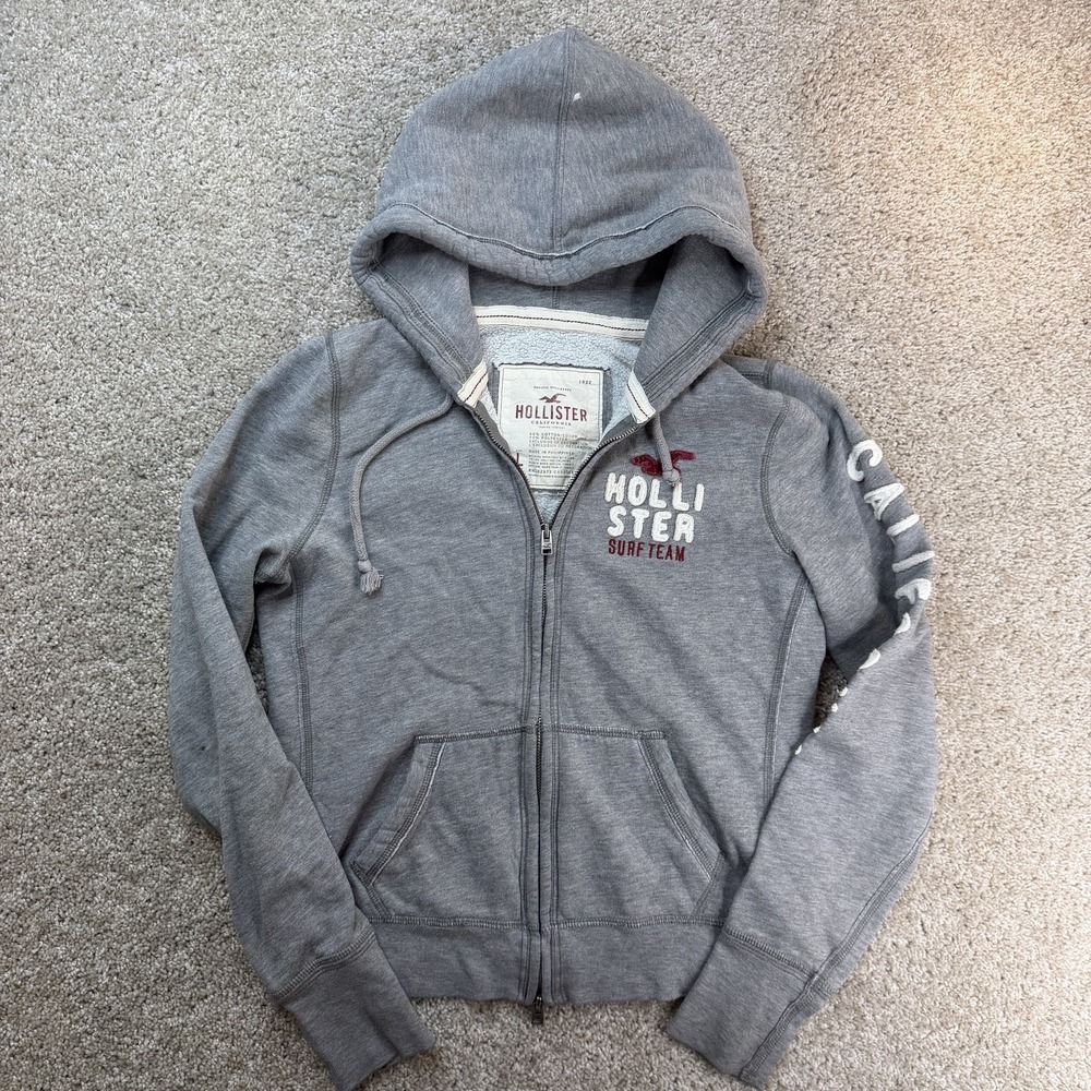 Y2K Hollister Hoodie Womens Large Gray Fleece Surf Team Full Zip Sweatshirt